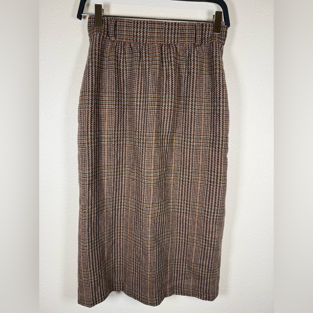 Vintage Escada Houndstooth Wool Wrap Midi Skirt Brown Blue Small (36) - Picture 4 of 7